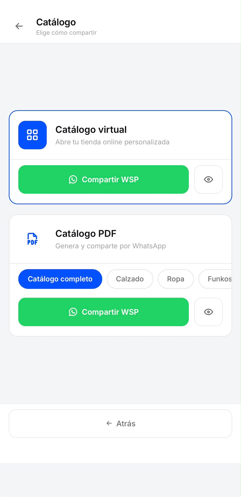 En tu session Catalago, veras tu Catalago Virtual y Catalago PDF listo para compartir por wsp