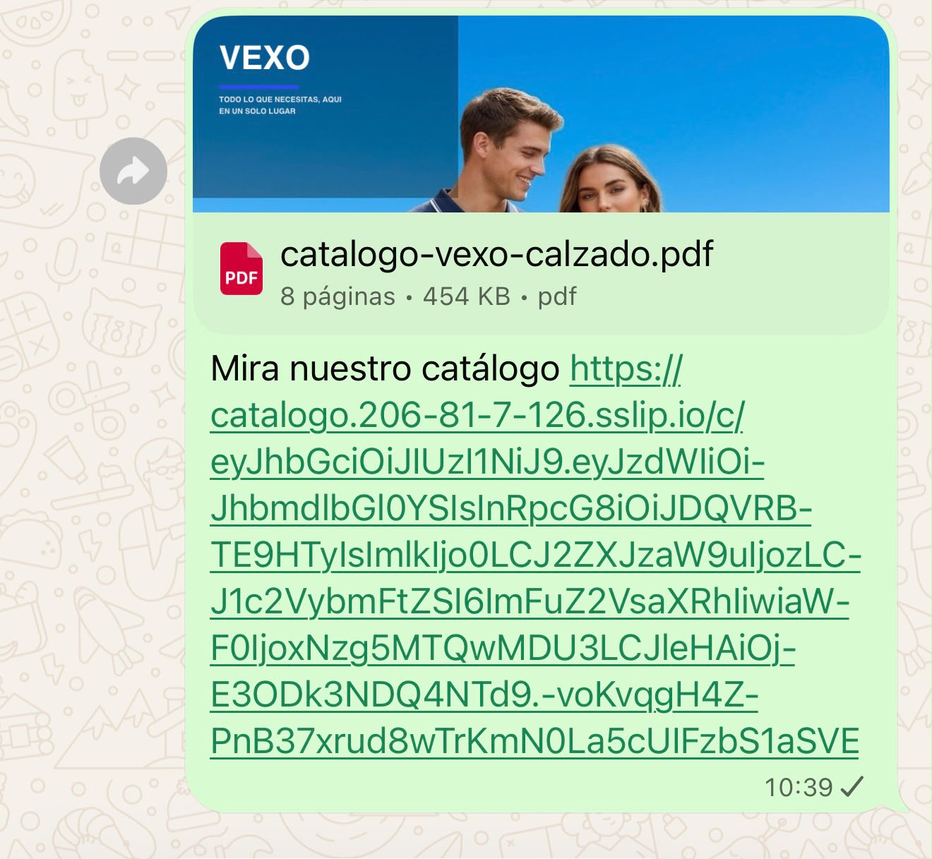 Este es el mensaje que compartes al cliente cuando eliges compartir Catalago PDF